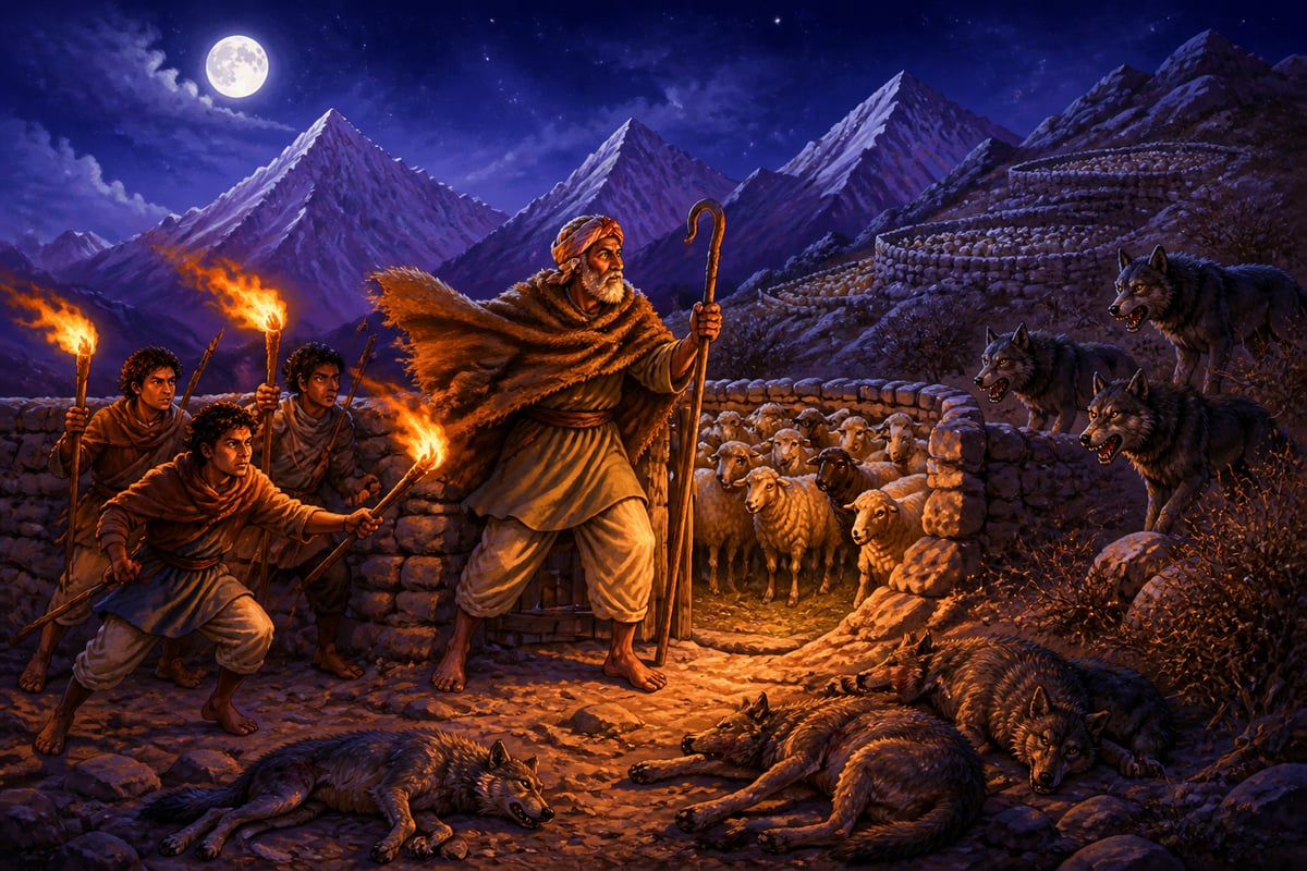Goraksha leading shepherds against wolves at night