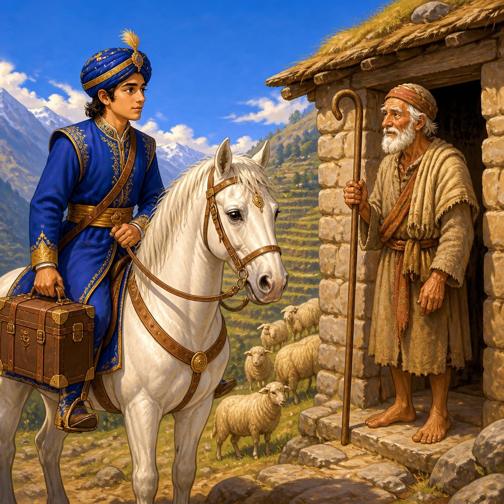 Prince Vidyasagara in royal blue silks arriving on horseback at the shepherd Goraksha's humble stone hut high in the terraced hills.