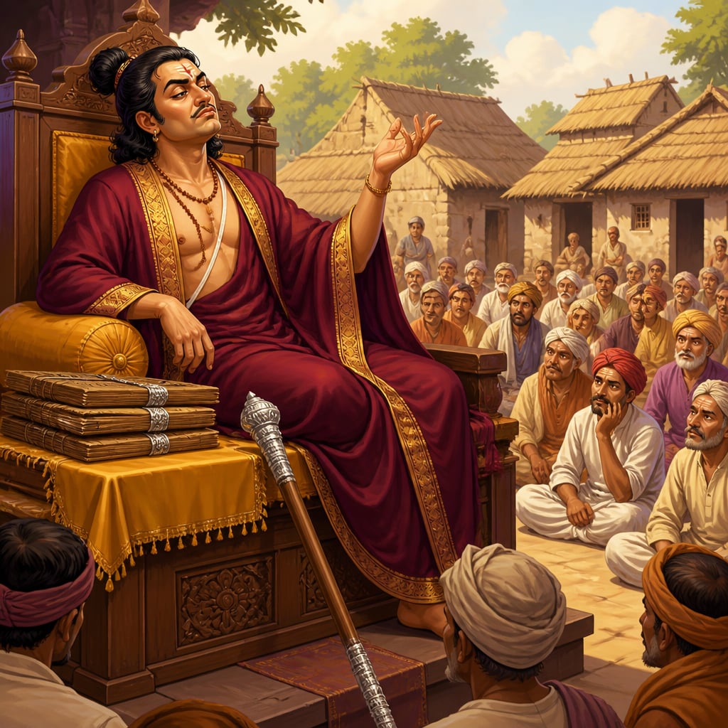 Garveshvara the proud pandit seated on a high carved teakwood debate seat in the open village square of Dhanyapura, mid-argument before an attentive crowd.