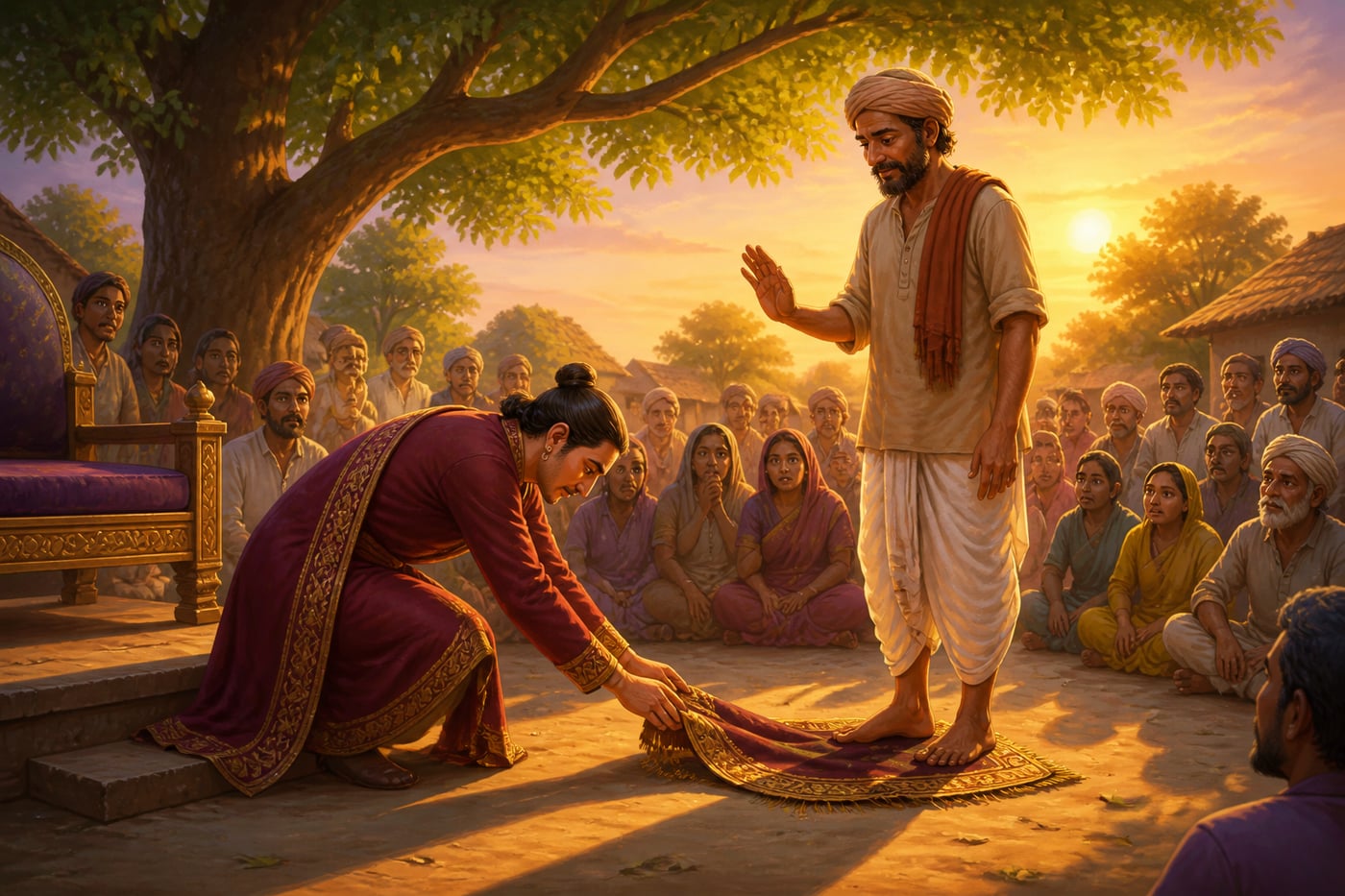 Garveshvara placing his scholar's shawl at Bholanath's feet