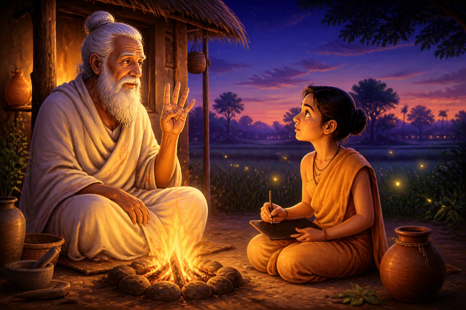 Old Manthaputra teaching Chandrika by the evening fire