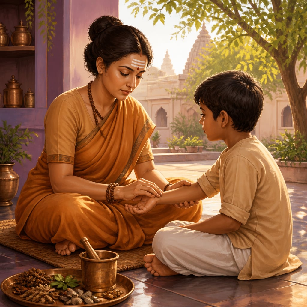 Shubhada the physician seated on a low woven mat in her sunlit Varanasi courtyard clinic, gently feeling the wrist of a young boy patient with calm attention.