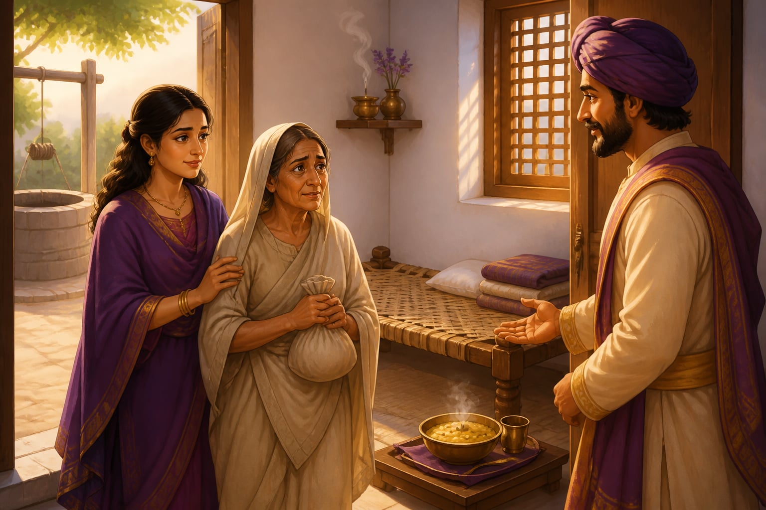 Shubhada walking the widow into a clean whitewashed room