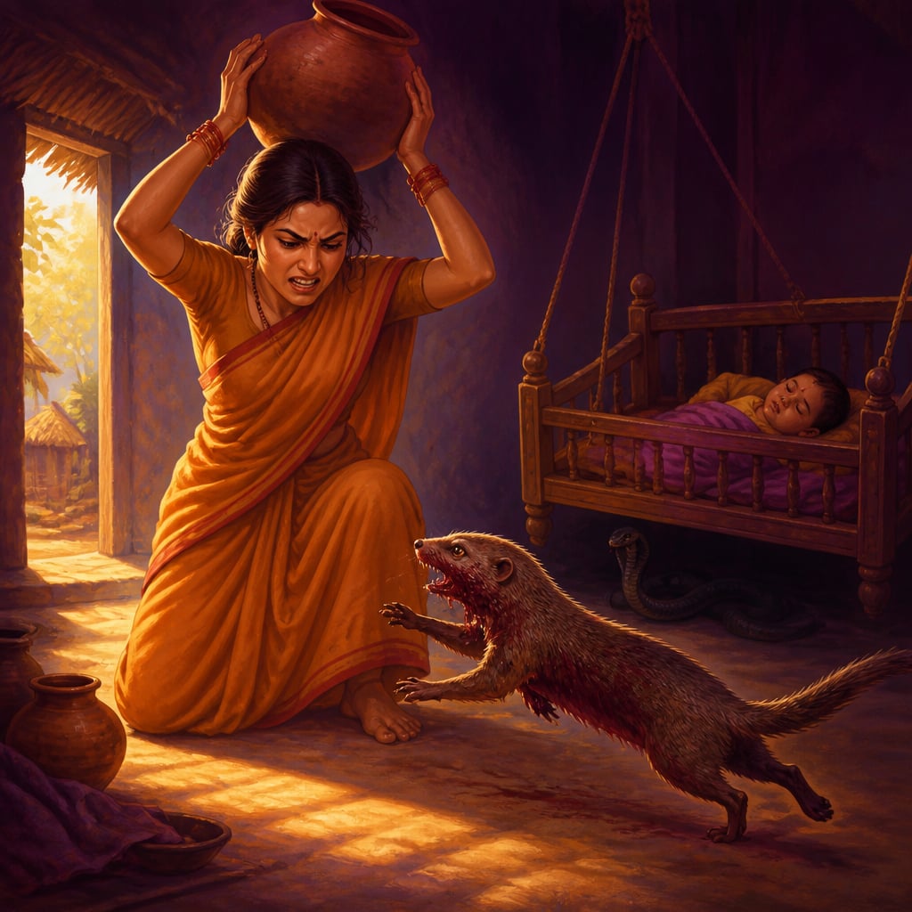 Mandakini swings a heavy clay water pot down at the loyal mongoose Ratna inside their village hut.