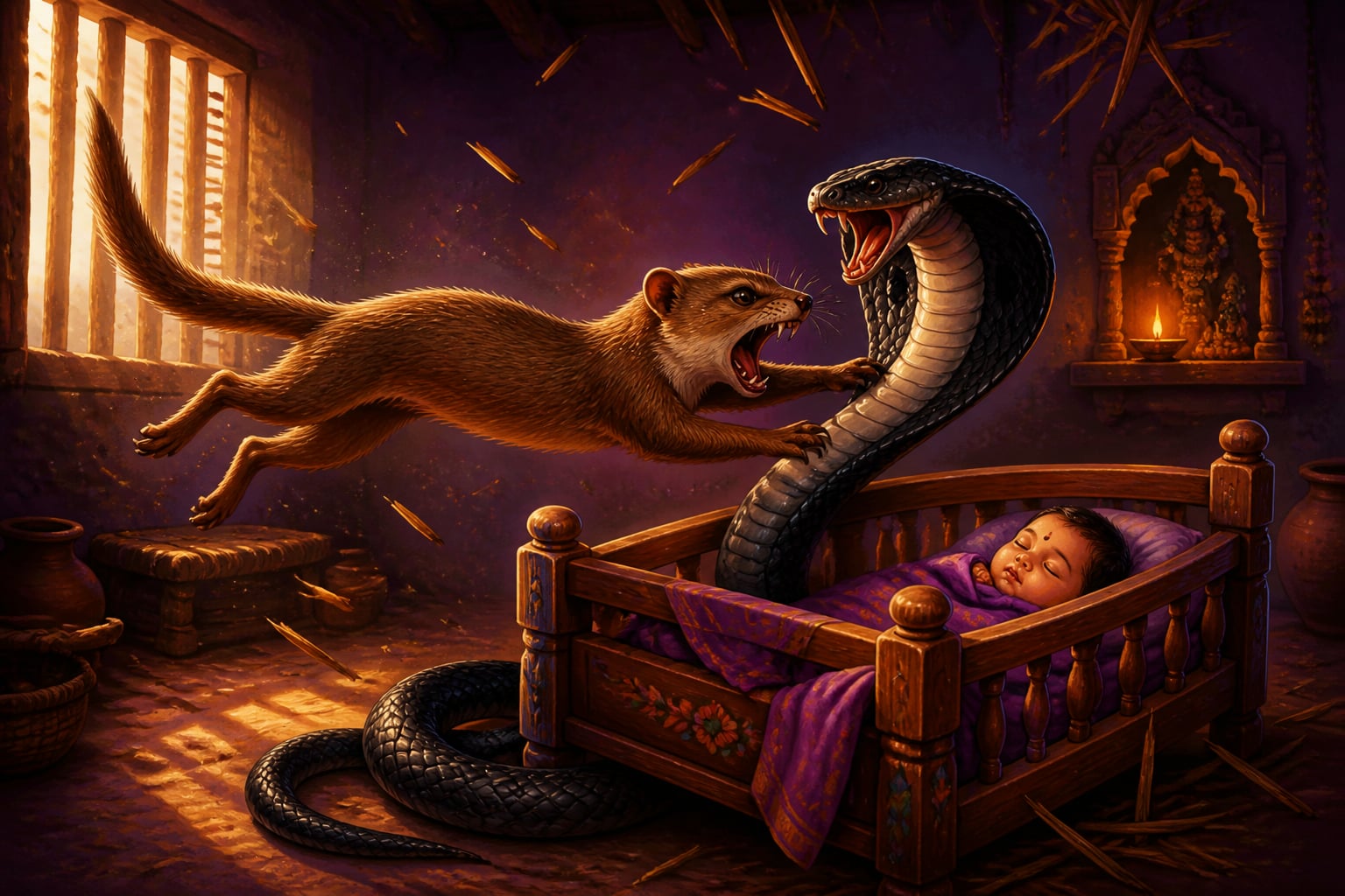 Ratna the mongoose battles the cobra above the cradle