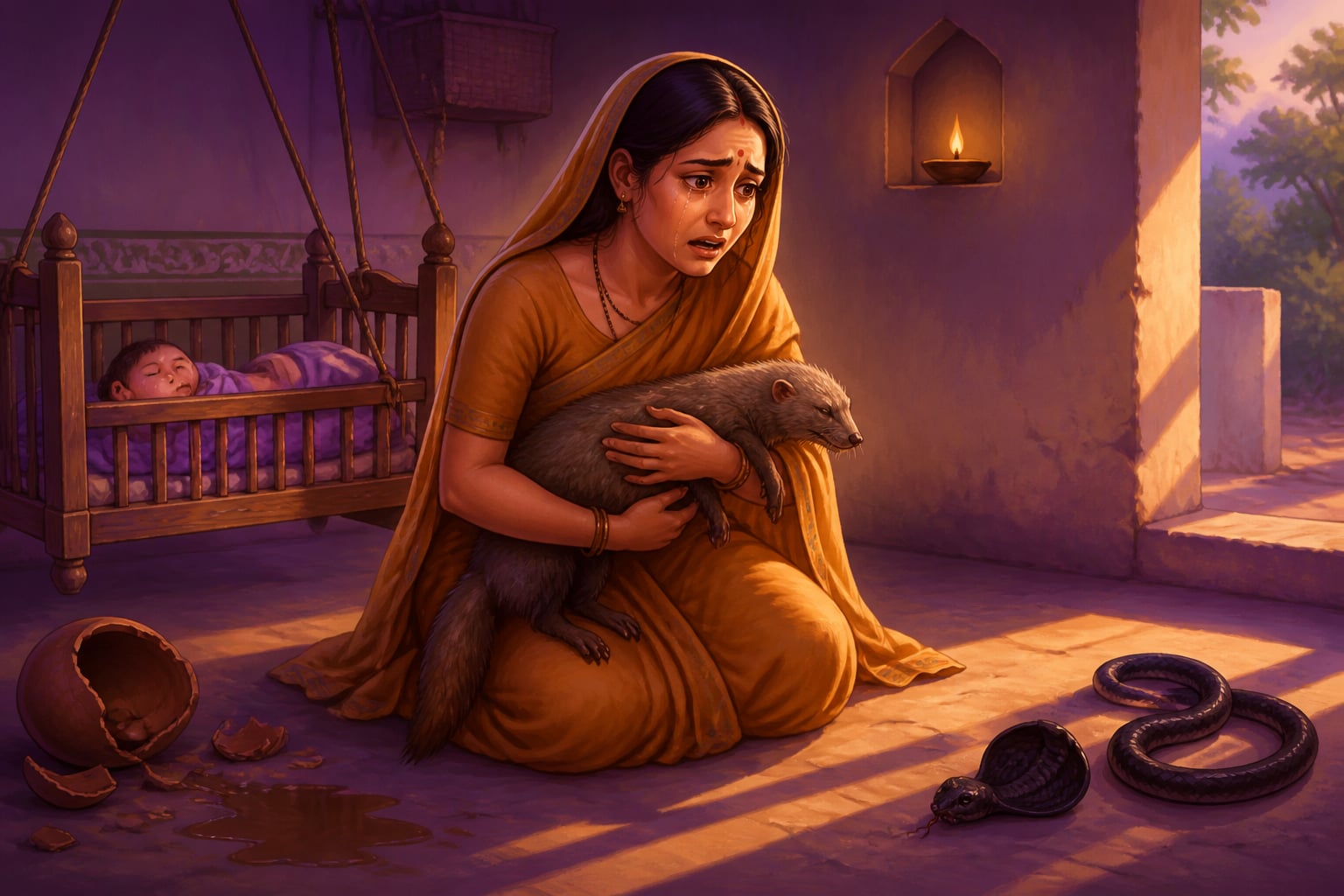 Mandakini discovers the dead cobra beside the wall