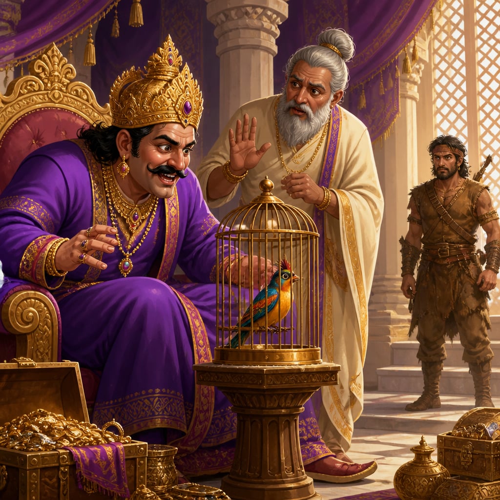 King Nanda leans forward greedily on his throne as the caged golden bird Sindhuka watches and minister Subuddhi raises a cautioning hand.