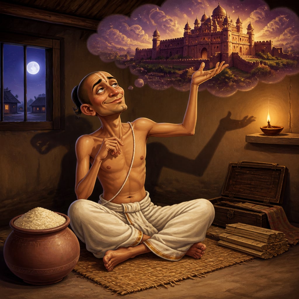 The Brahmin Svabhavakripana sits cross-legged by his pot of barley flour at night, eyes shining as he daydreams of wealth.