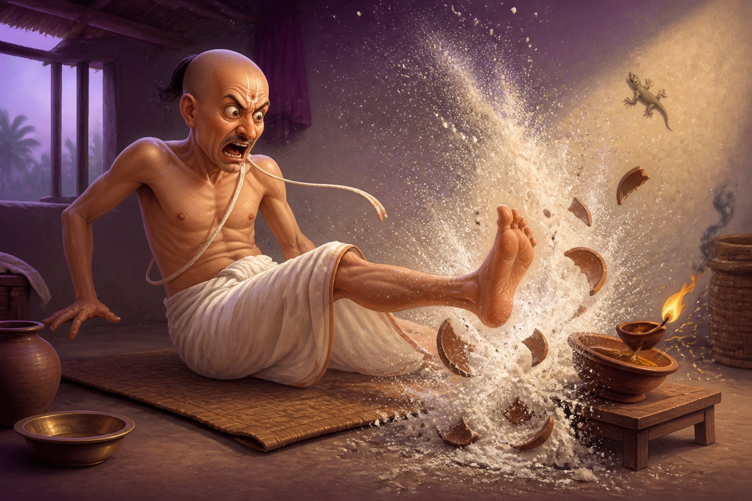 The Brahmin's foot shatters the pot of flour
