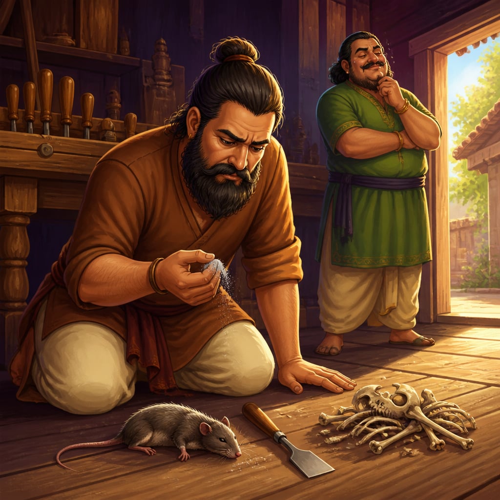 Carpenter Ujjwala kneels in his workshop examining staged iron filings and a dead rat planted as fake evidence.