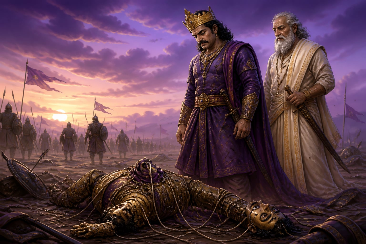 The king and old minister mourn the fallen weaver