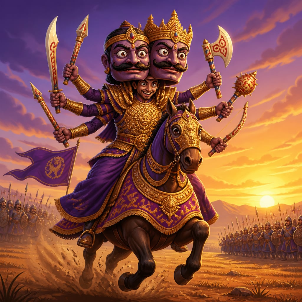Mantharaka rides at dawn in his elaborate Mahabahu disguise of six painted arms and two heads, leading the Avanti charge.