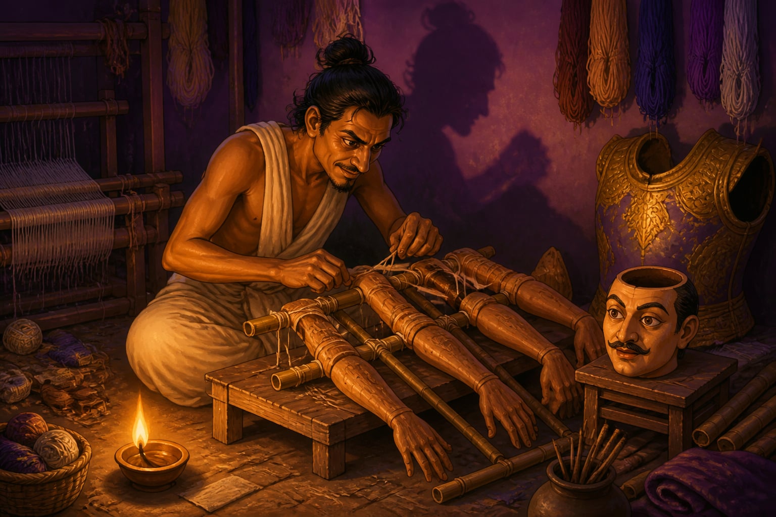 Mantharaka secretly builds his divine disguise at night