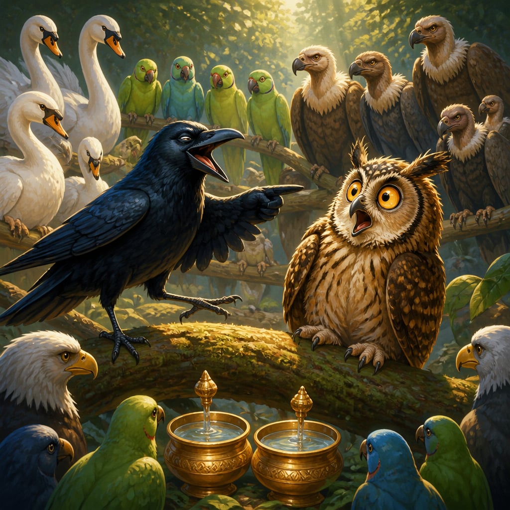 An ordinary black crow strutting and laughing in cutting mockery at a young horned owl seated before a forest assembly of birds, ceremonial coronation vessels nearby