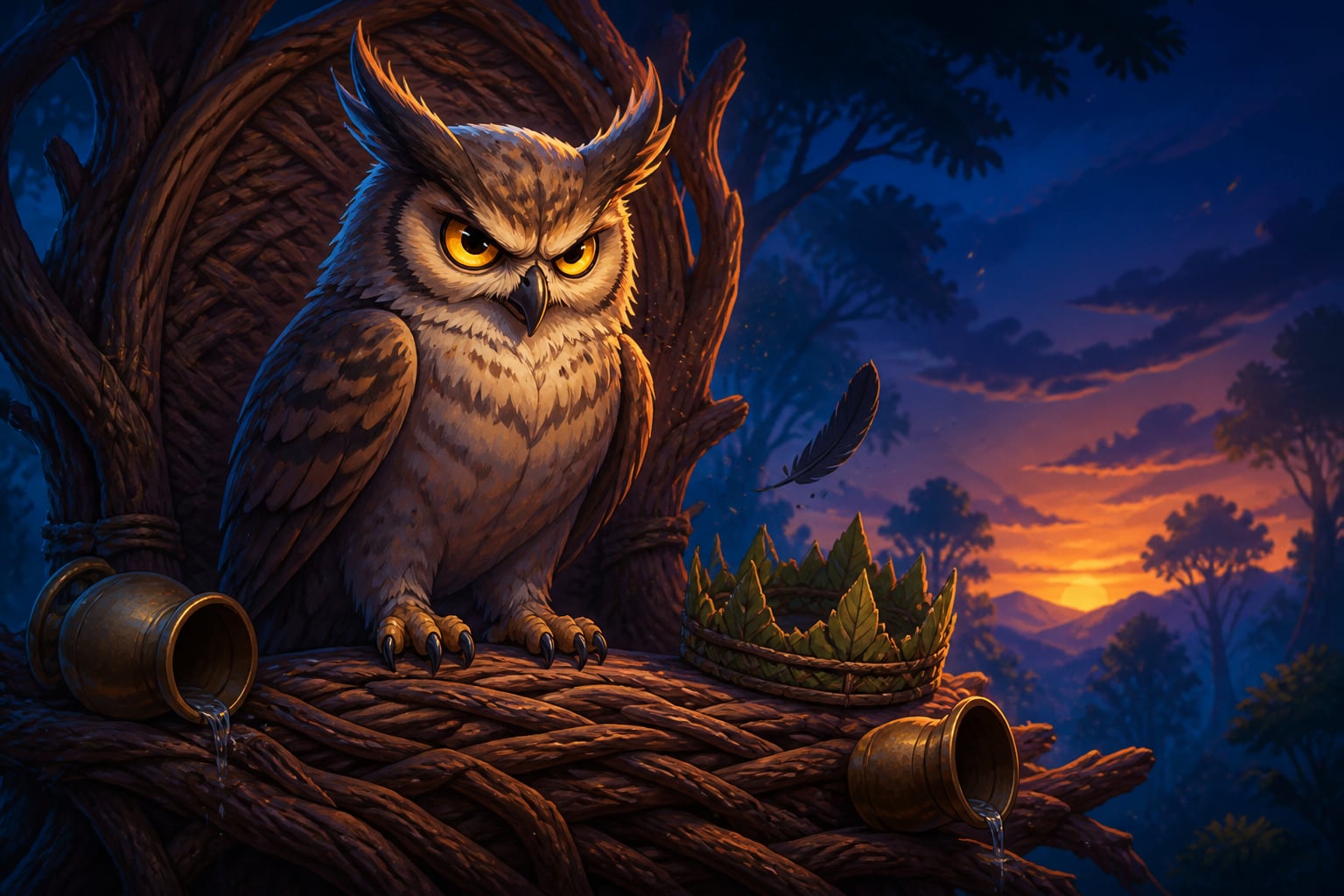 The wounded owl alone on his throne at twilight