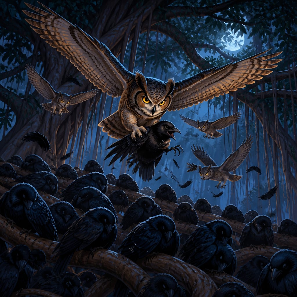 Great horned owls diving silently through the dense canopy of a banyan on a moonless night toward thousands of sleeping crows huddled on the lower branches
