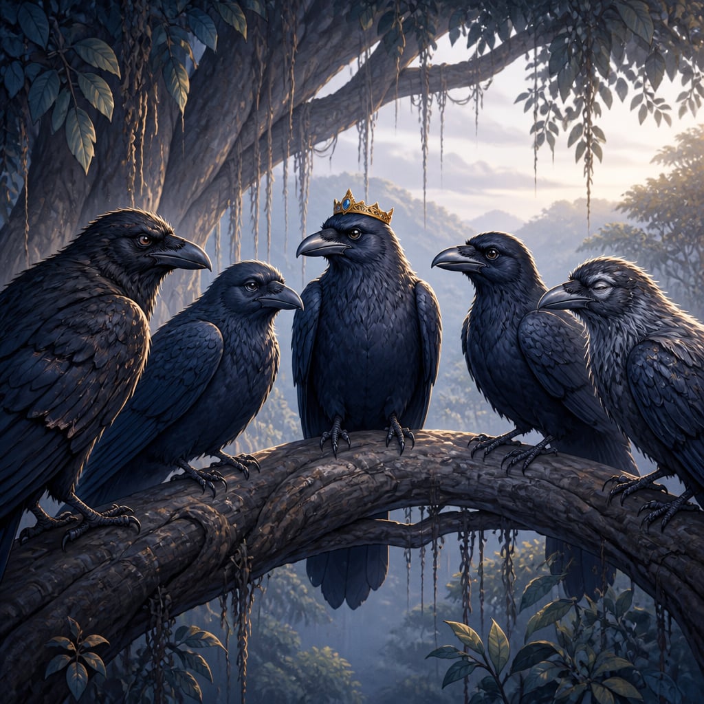 Five crow ministers gathered in close council with King Megavarna on a secluded high banyan branch in the soft gray light of dawn