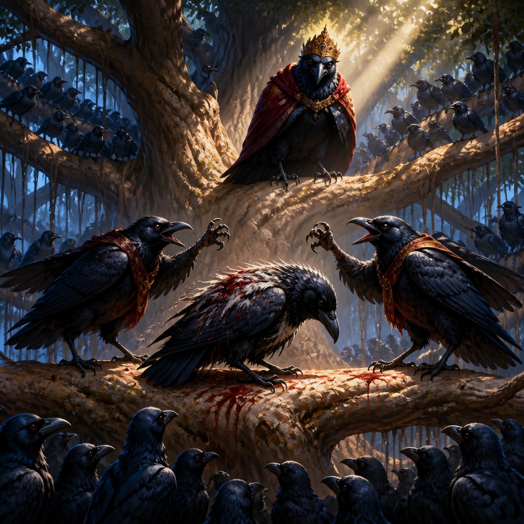 The old crow minister Sthirajivin enduring a public punishment on the central banyan branch, feathers bloodied, two ministers feigning blows as the king watches from a higher branch