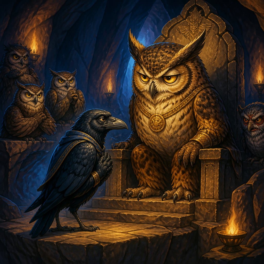 The old crow Sthirajivin standing on a smooth ledge beside the throne of King Arimardana the great horned owl deep within Gridhrakuta cave, head inclined respectfully
