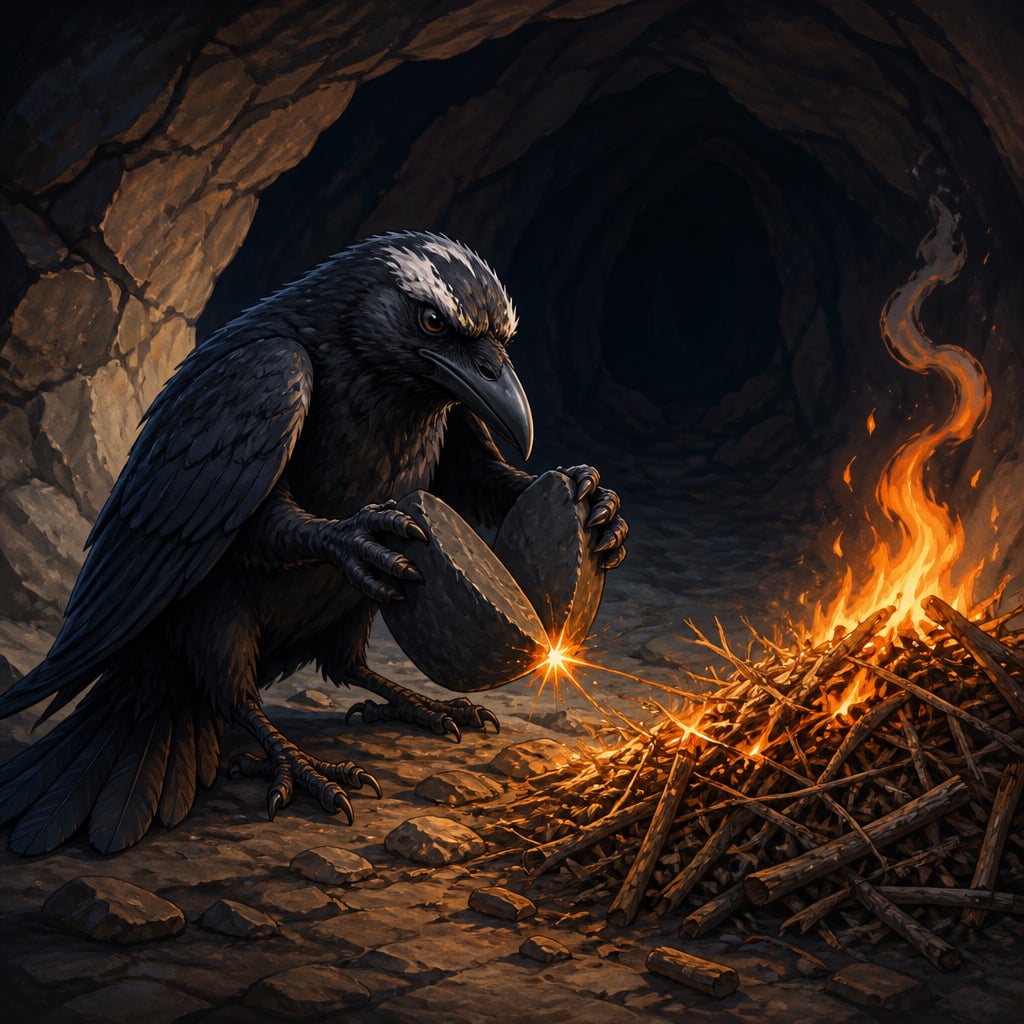 Sthirajivin the old crow striking two flat dark stones together at the entrance of a vast dry chamber inside Gridhrakuta mountain, a single bright spark leaping toward heaped piles of brittle twigs and dried grasses