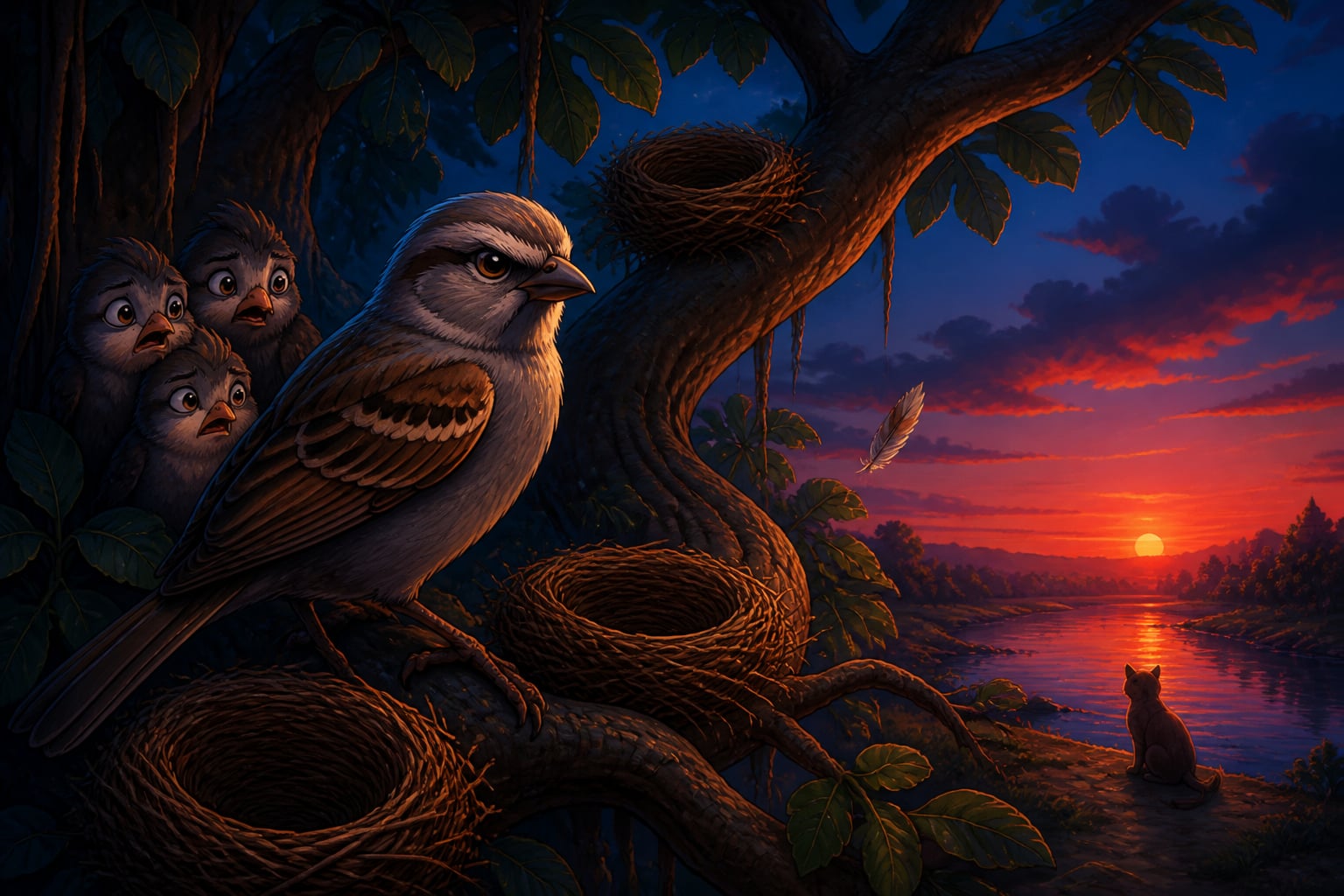 Old sparrow Chitrangada finding empty nests at dusk