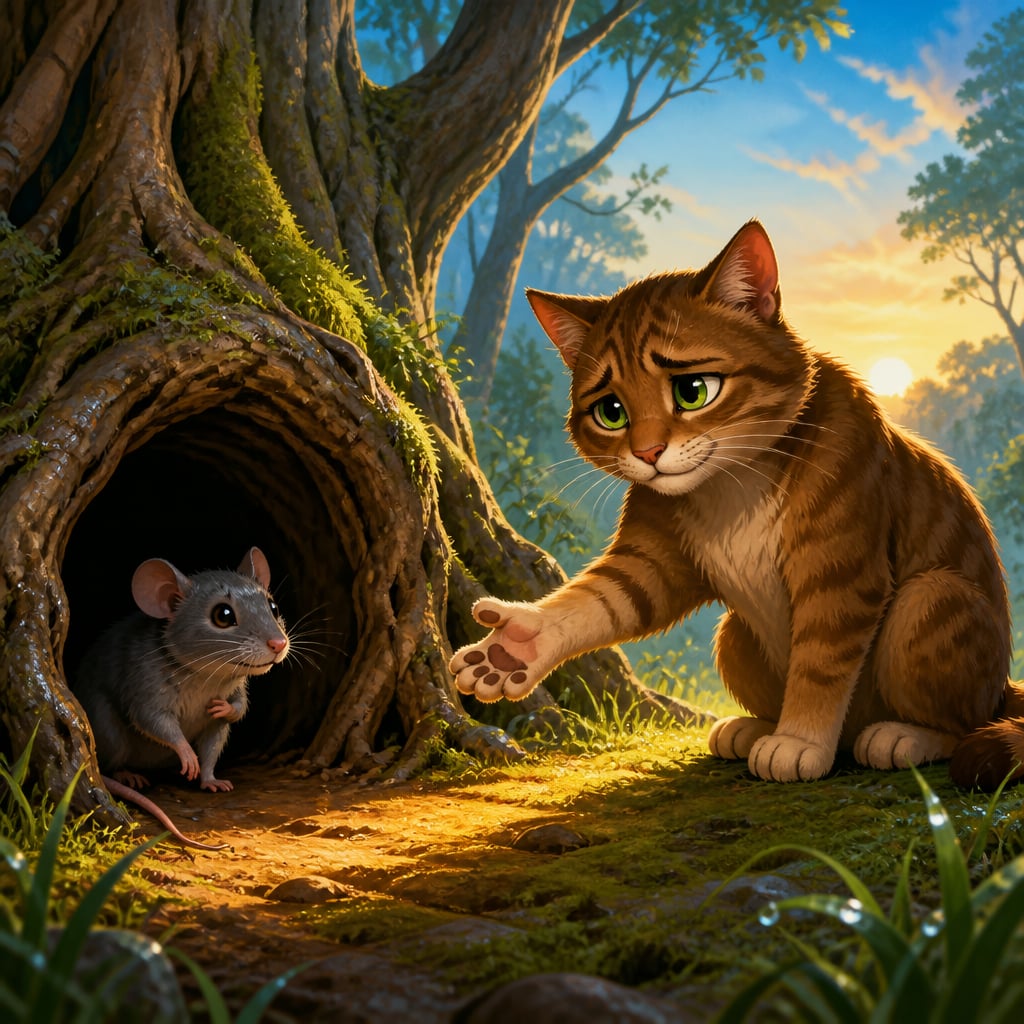 Palita the rat refusing the cat Dadhikarna from inside his burrow