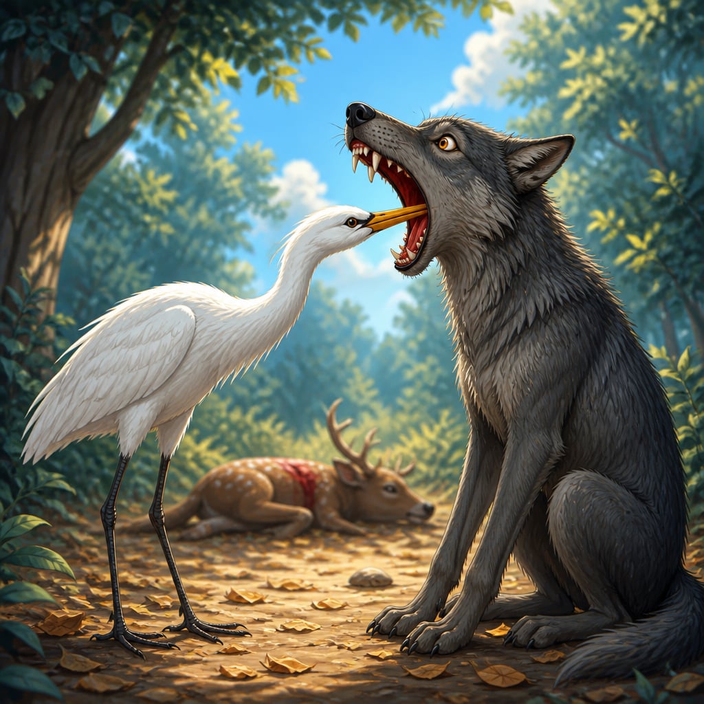 Sarasa the crane pulling the bone from the wolf Dushta's throat