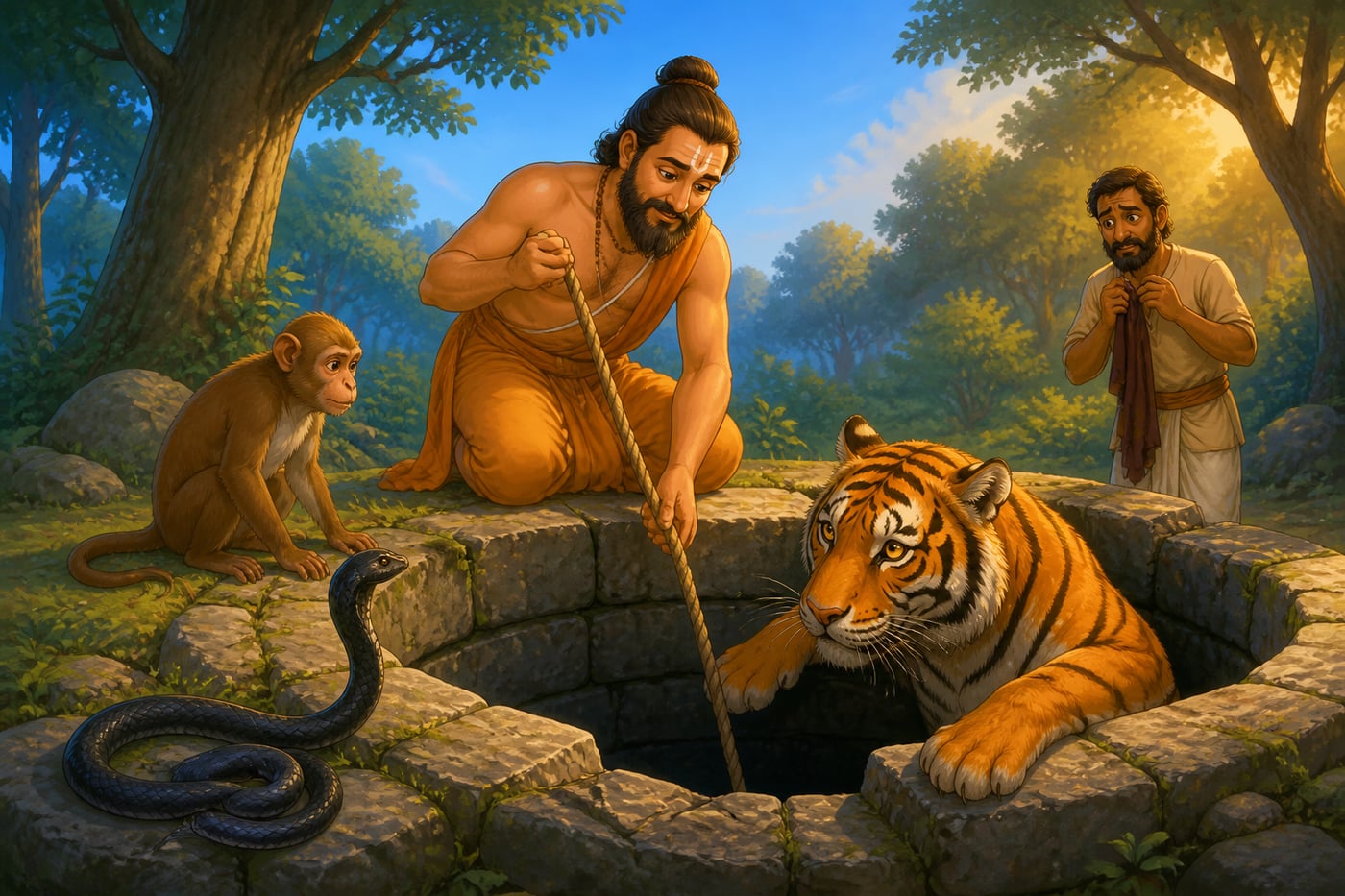 Brahmin Gautama pulling tiger from forest well