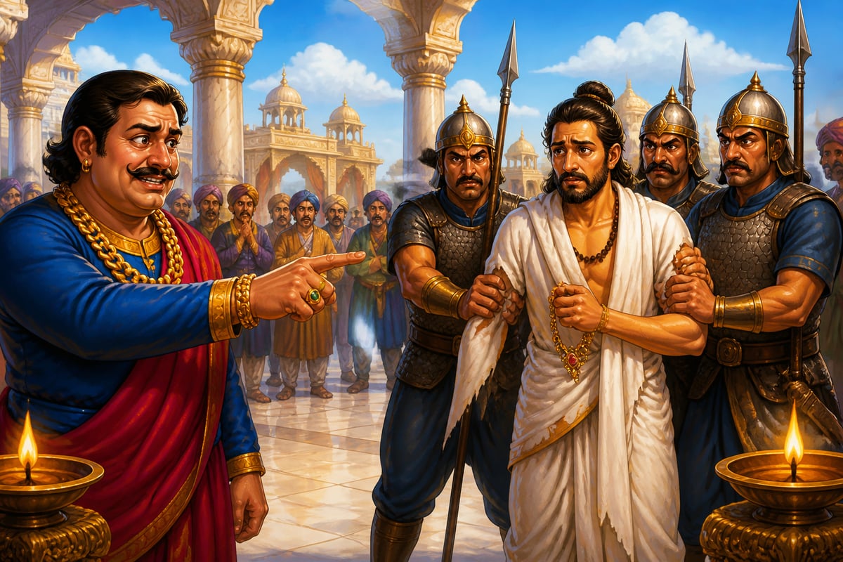 Goldsmith Ratnadatta betraying brahmin in palace courtyard