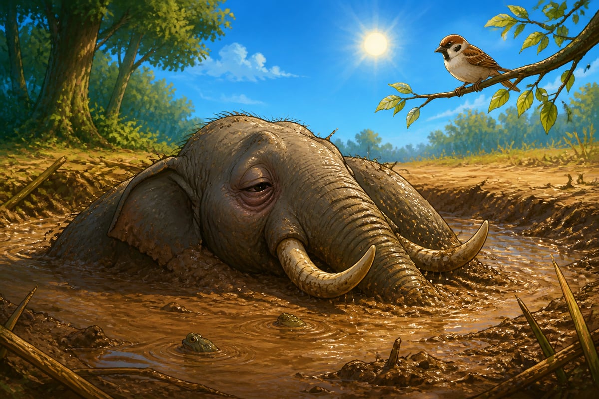 Elephant Chaturdanta sinking helplessly into a muddy bog