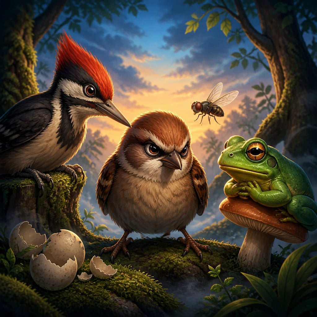 Kapinjala the sparrow plotting with her three allies in a forest clearing