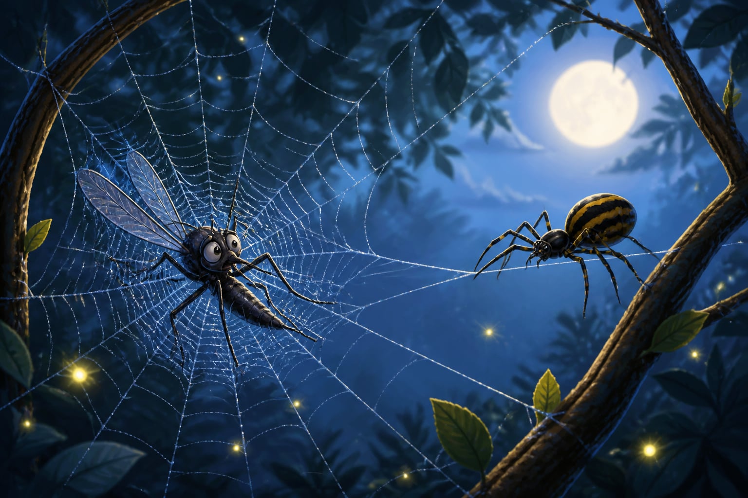 Mosquito Anila caught in a spider web at dusk
