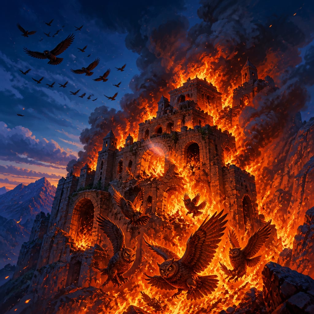 The owl fortress of Gridhrakuta engulfed in flames at twilight