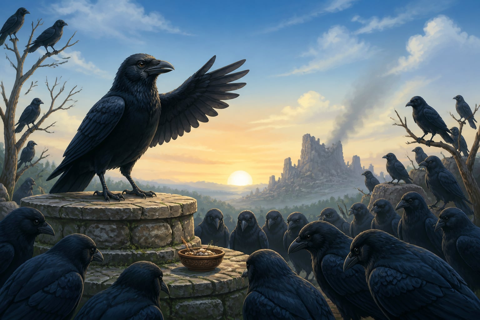 King Megavarna addressing crow survivors at dawn
