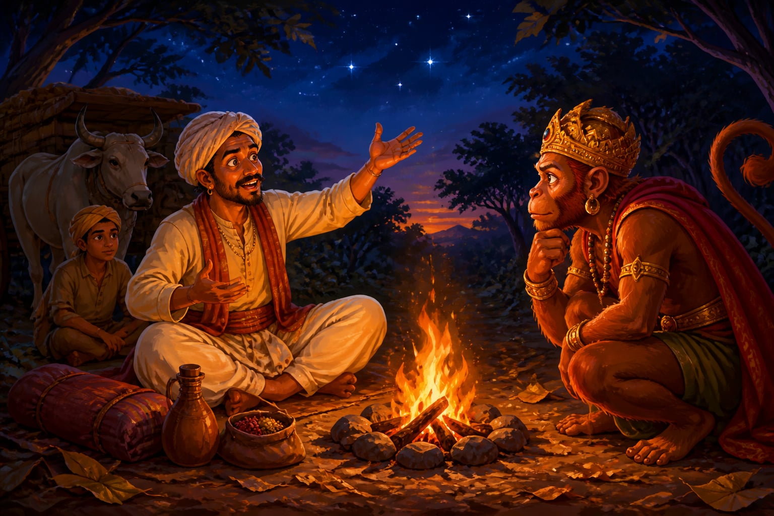 Raktamukha at the merchants campfire listening
