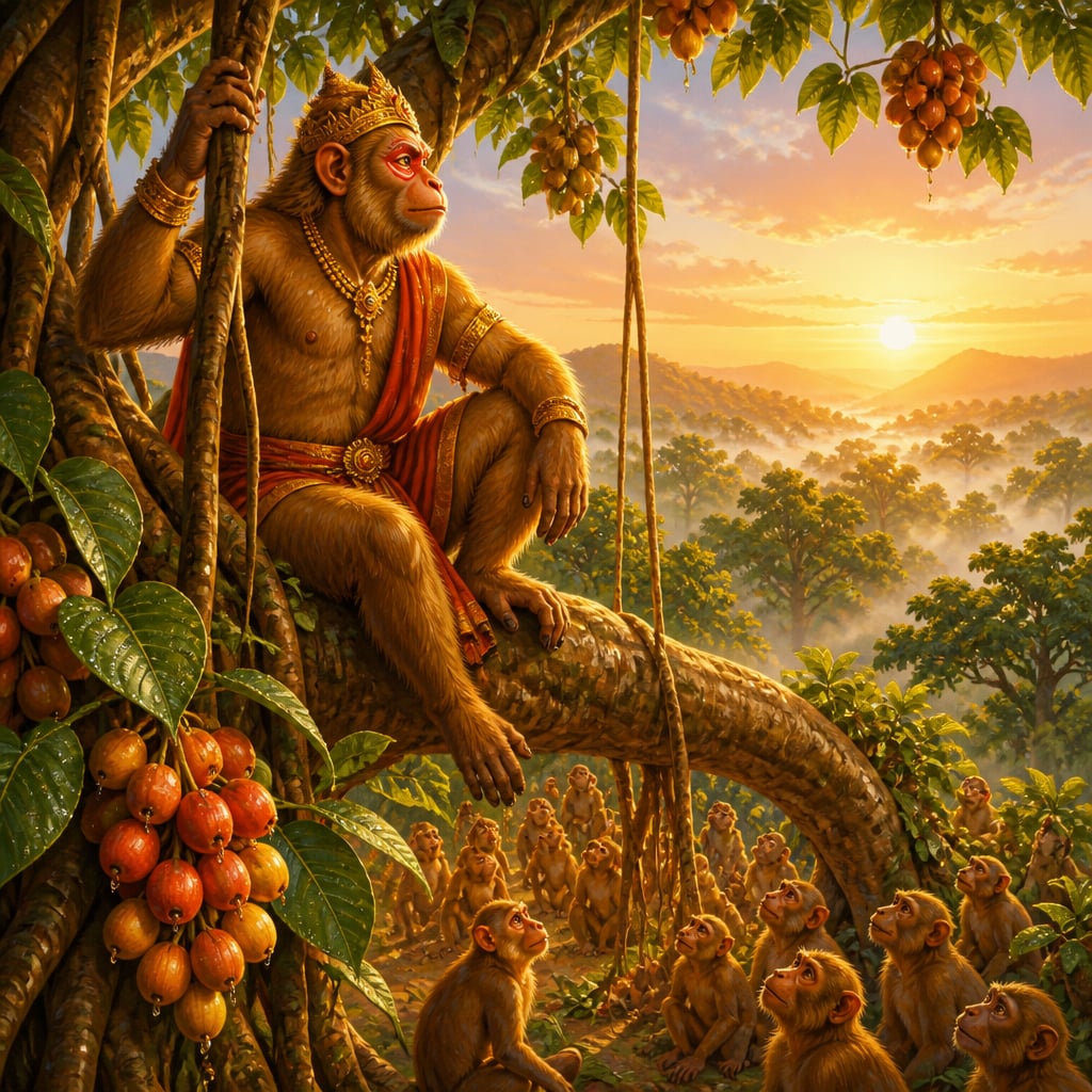 Raktamukha the monkey king surveys his realm from the fig tree throne at dawn