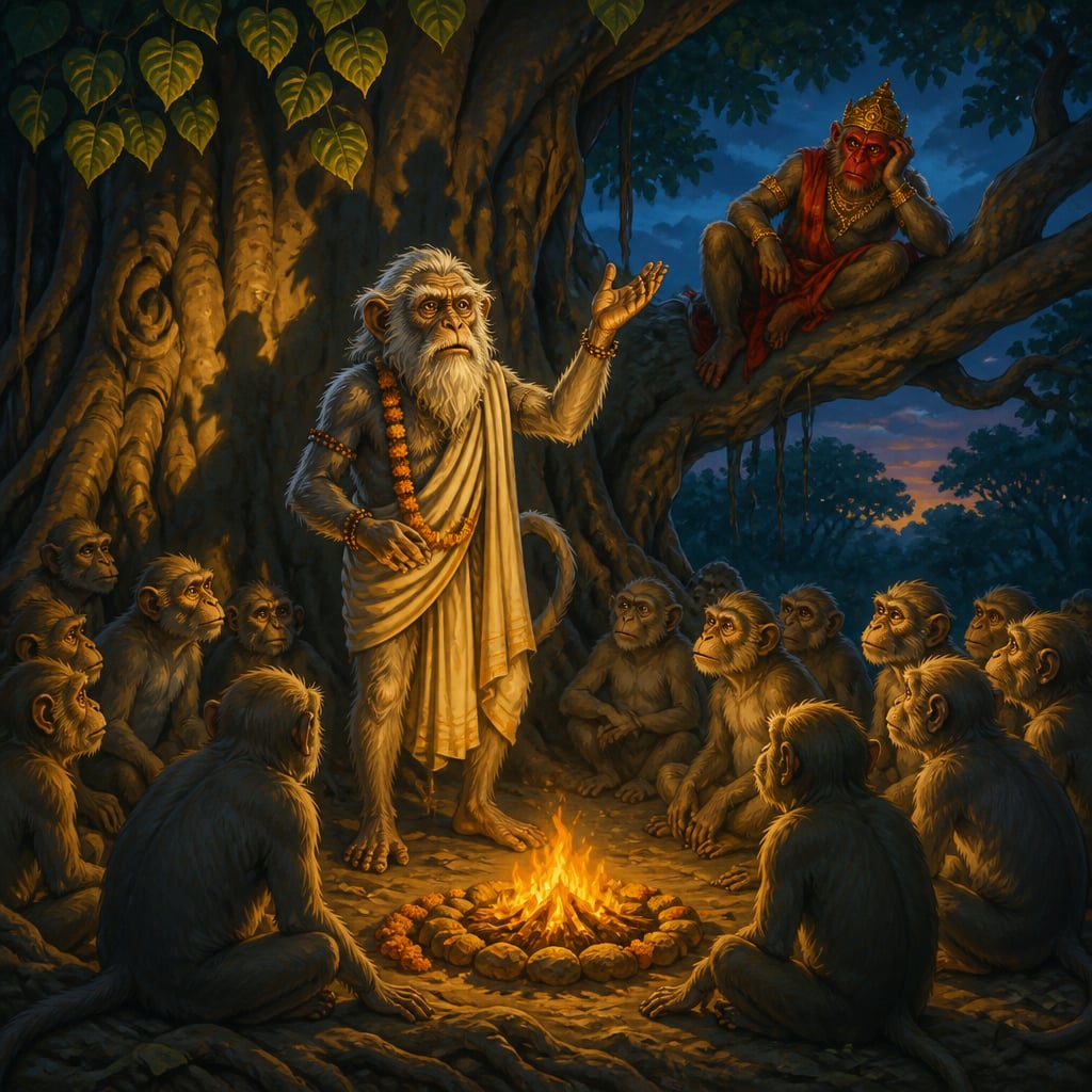 Chirakarin the elder monkey begins the two ancient tales by the evening fire