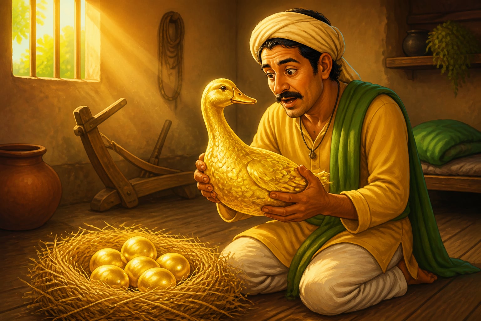 Dhanalobhin holding the living golden goose