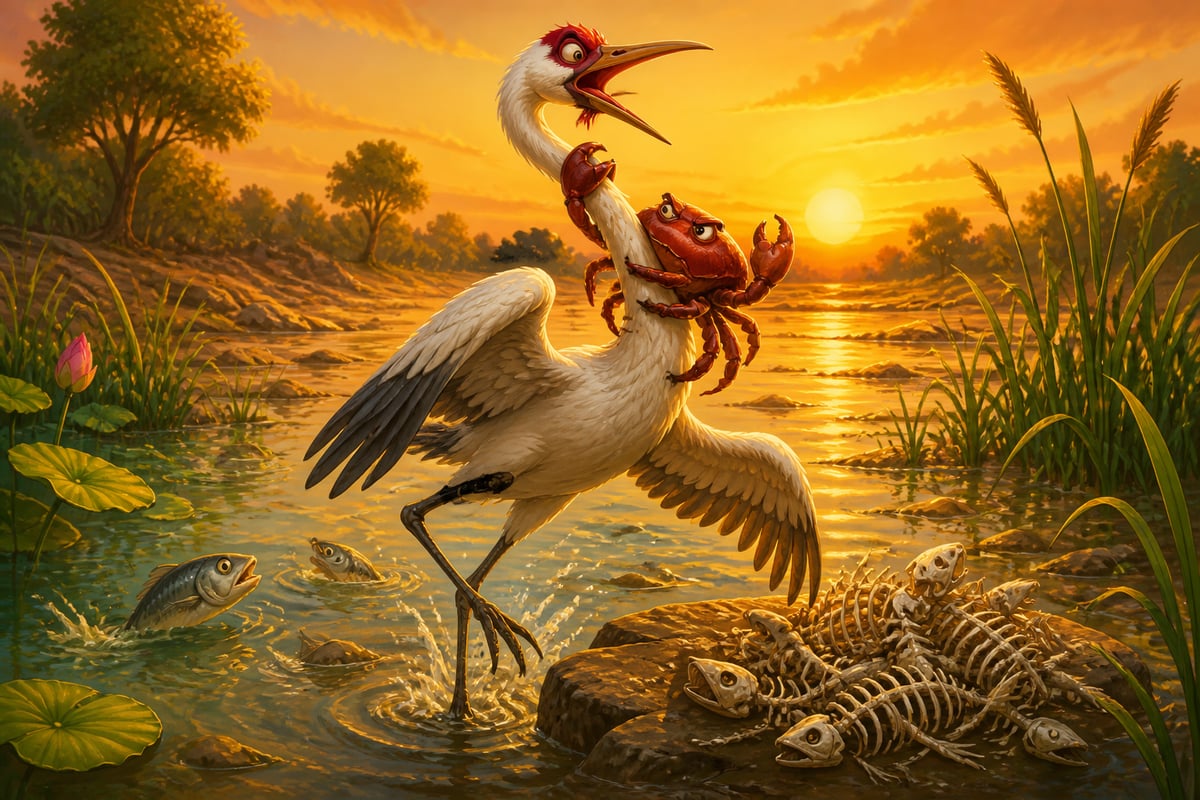 Wise crab on the crane's neck