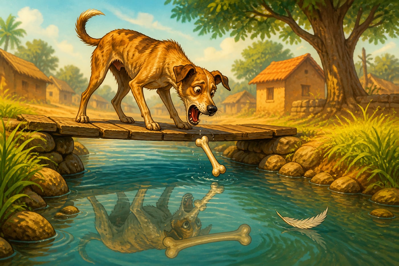 Greedy dog losing his bone in the stream