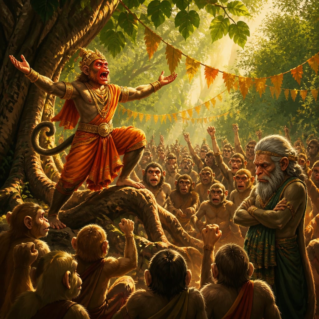 Raktamukha proclaims war and expansion to the assembled monkey tribe