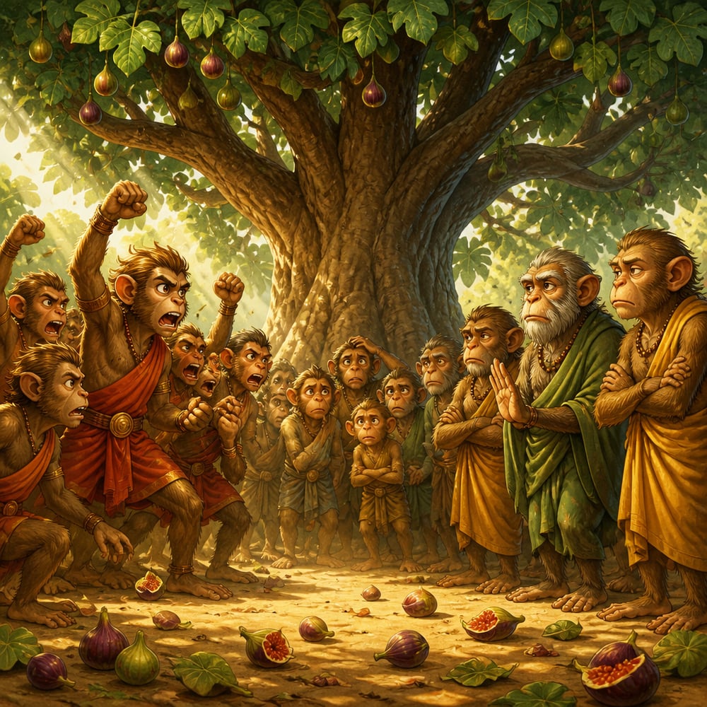 The monkey tribe splits into rival factions beneath the great fig tree