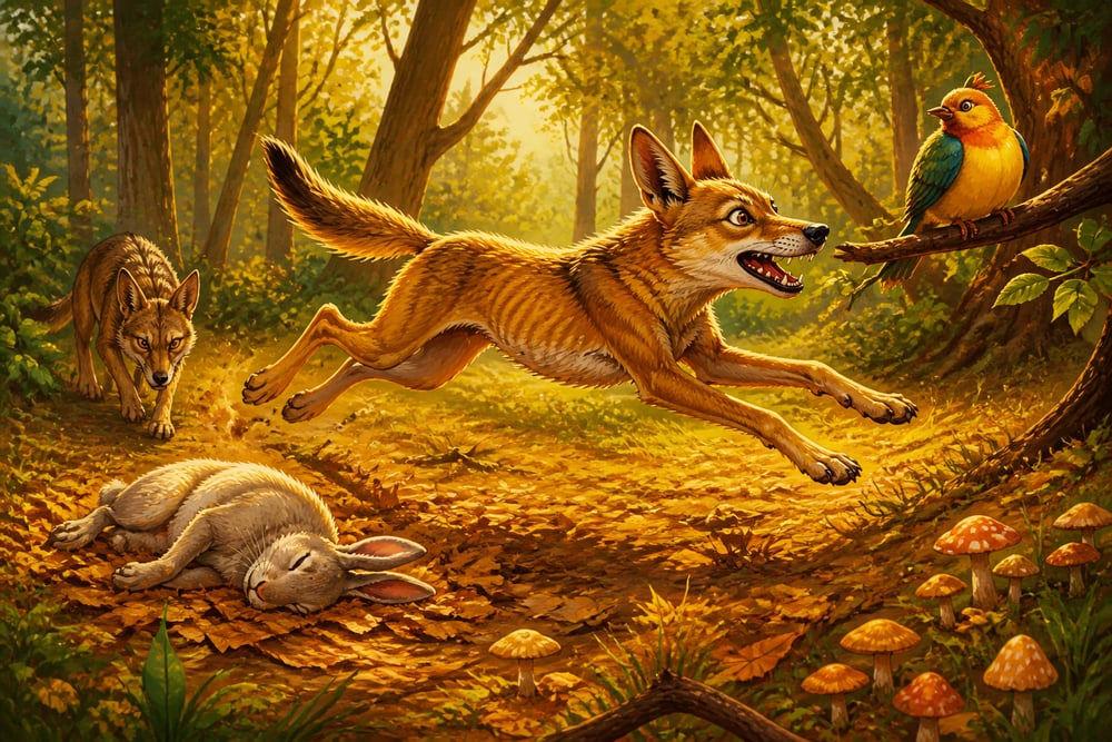 Jackal abandoning rabbit to chase a bird