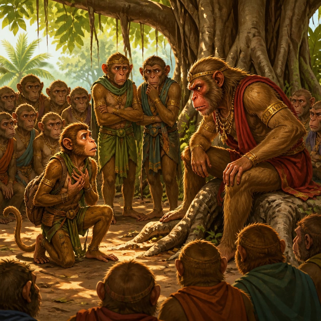 Drshtanta the young scout kneels before Raktamukha delivering grave news