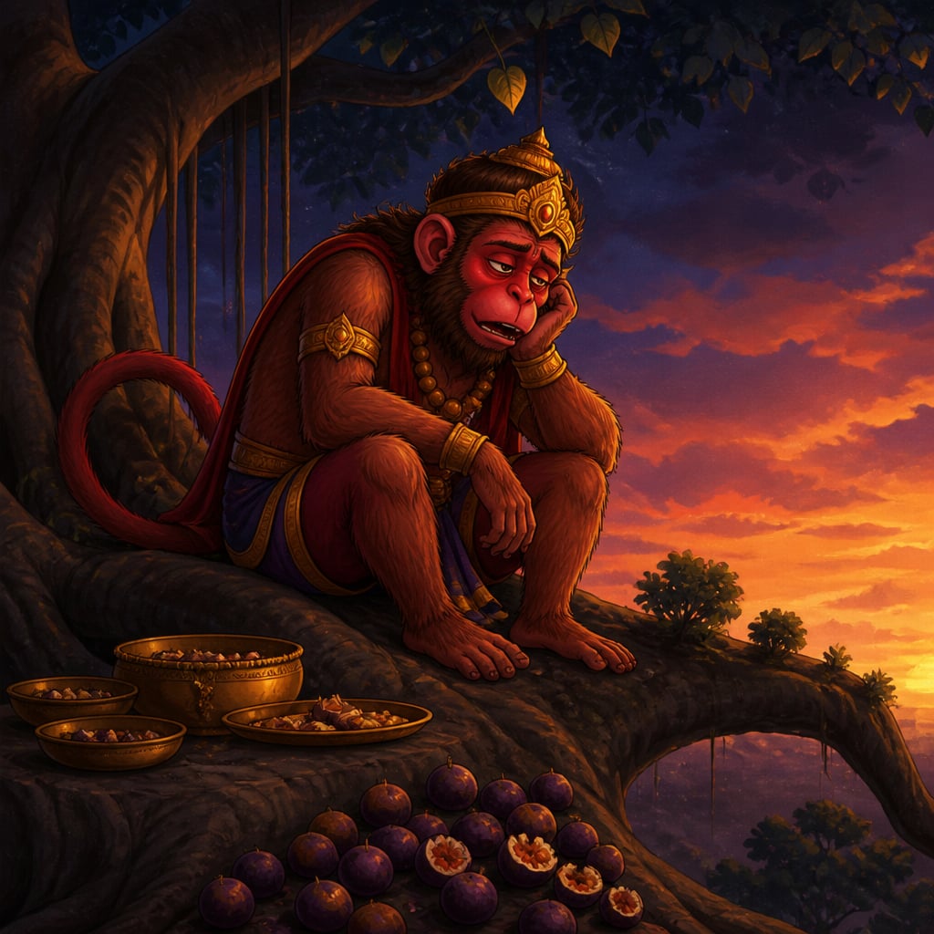 Raktamukha sits alone on his branch at dusk lost in fantasies