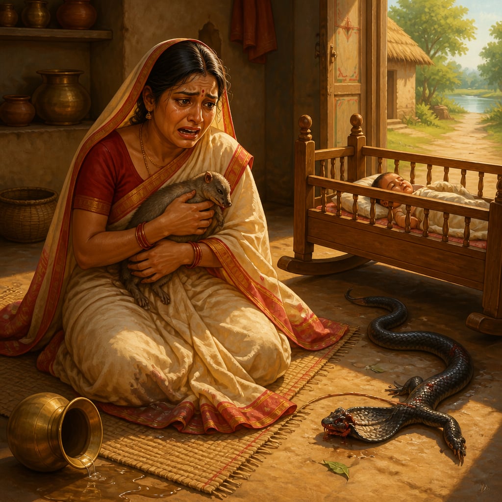 Mandakini collapsed on the floor of her village home, cradling the lifeless mongoose Rakshaka against her chest in stunned grief while her infant son sleeps untouched in the wooden cradle nearby.