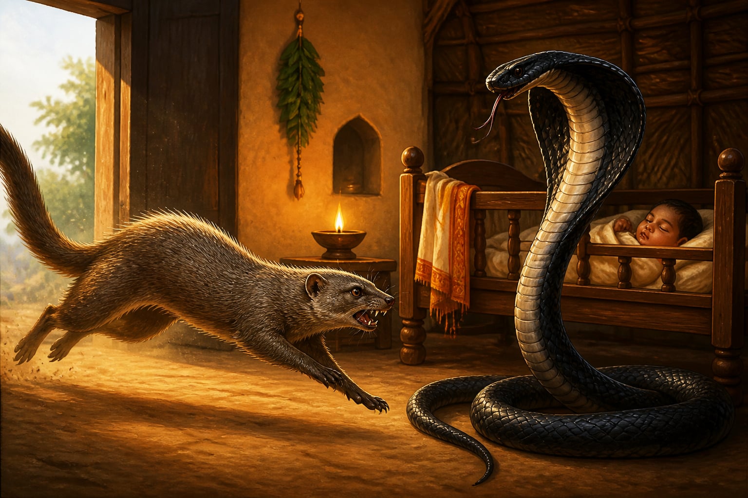 Rakshaka the mongoose lunging at a black cobra inside the home