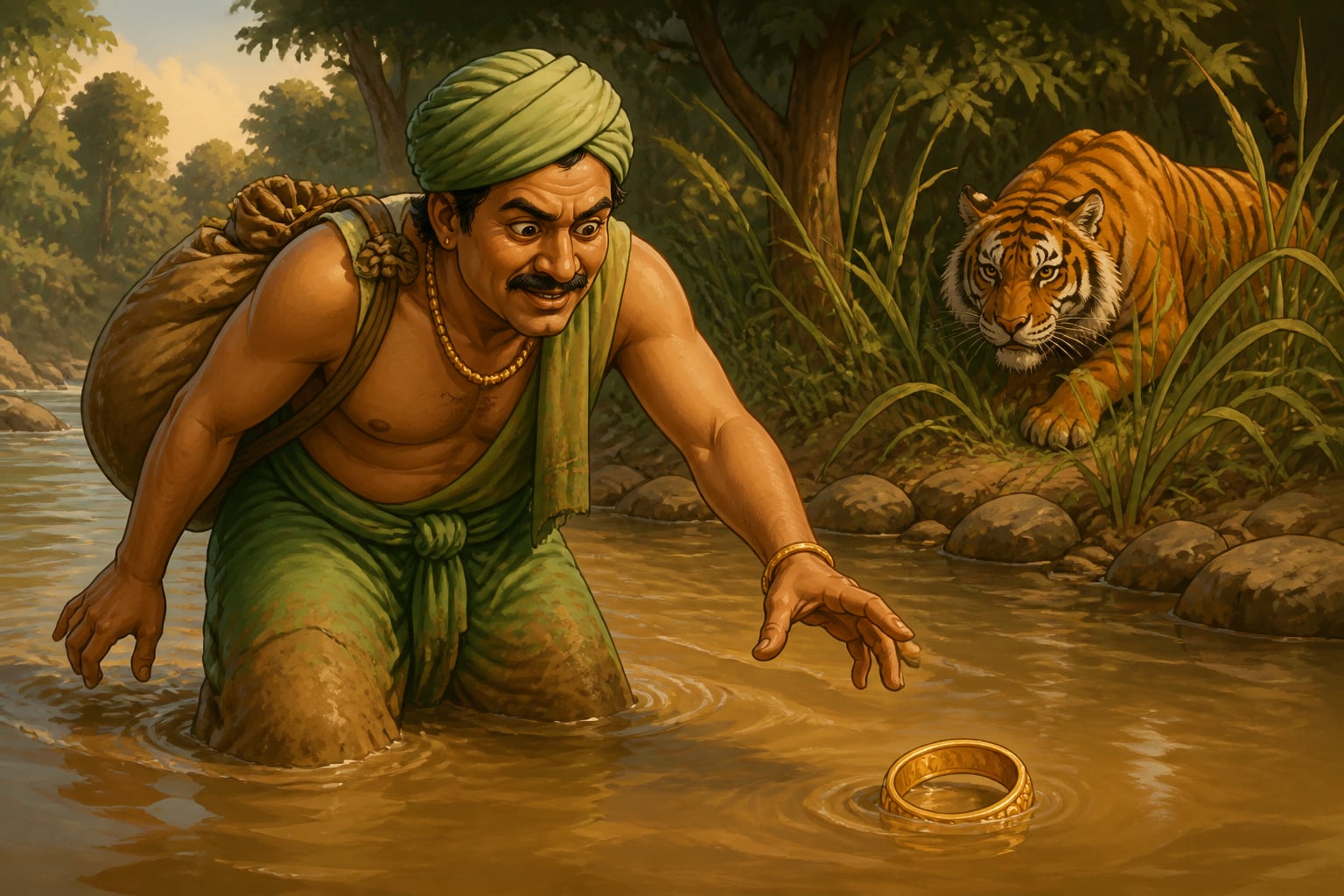Merchant sinking in mud as the tiger drops his pretense