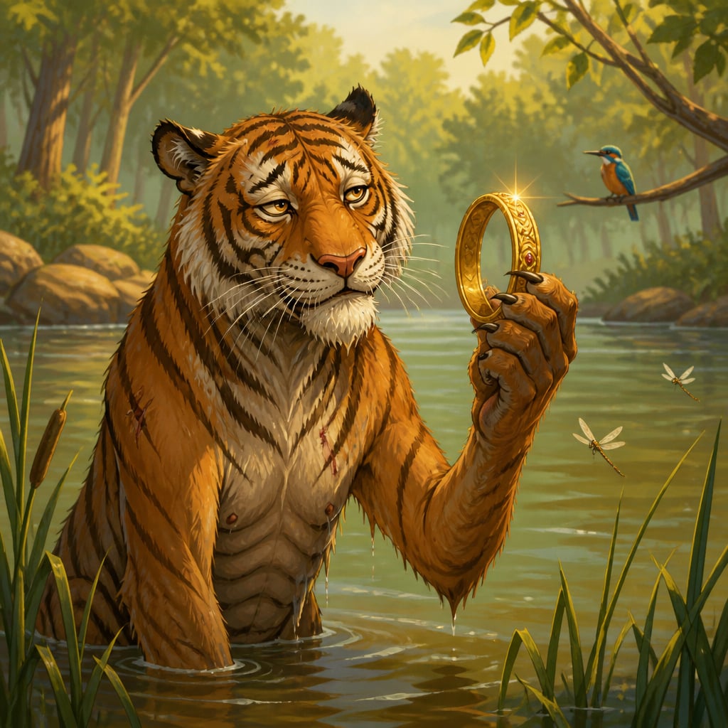 Krutadarsha the old tiger stands chest deep in the muddy river reeds holding a gleaming golden bracelet aloft as the merchant steps into the water toward him.