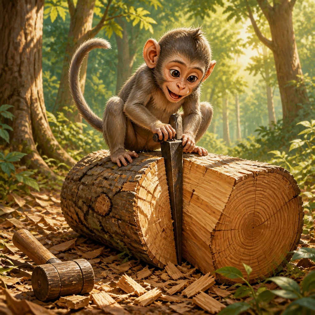 A curious young monkey squats astride a half split teak log in a forest clearing, both small hands gripping the iron wedge that holds the cleft open.